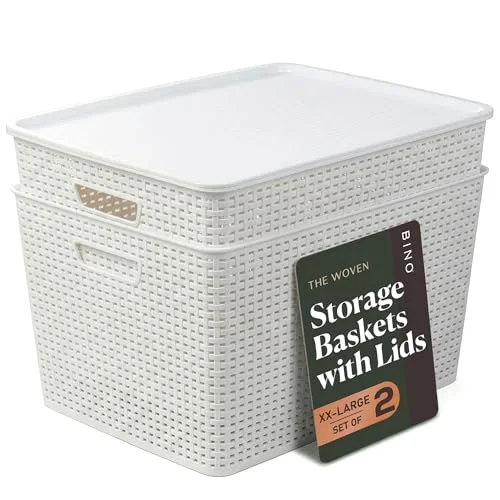 Plastic Storage Baskets with Lids, 45 Liter - 3 Pack, White