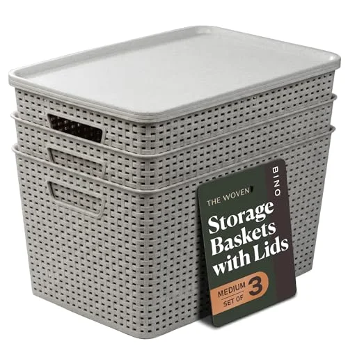 Plastic Storage Baskets with Lids, 22 Liter - 3 Pack, Natural Grey