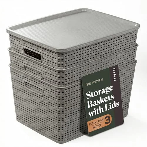 Plastic Storage Baskets with Lids, 33 Liter - 3 Pack, Natural Grey
