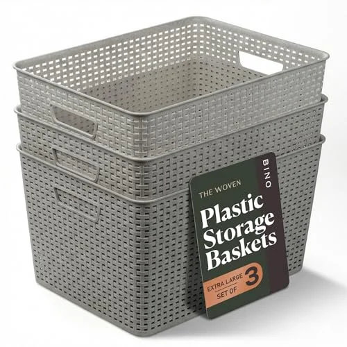 Plastic Storage Baskets, 33 Liter - 3 Pack, Natural Grey