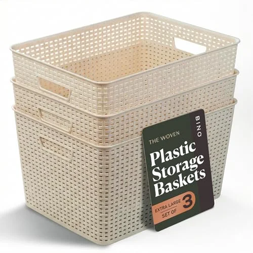 Plastic Storage Baskets, 33 Liter - 3 Pack, Natural