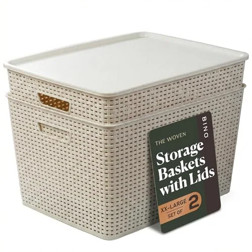 Plastic Storage Baskets with Lids, 45 Liter - 3 Pack, Natural