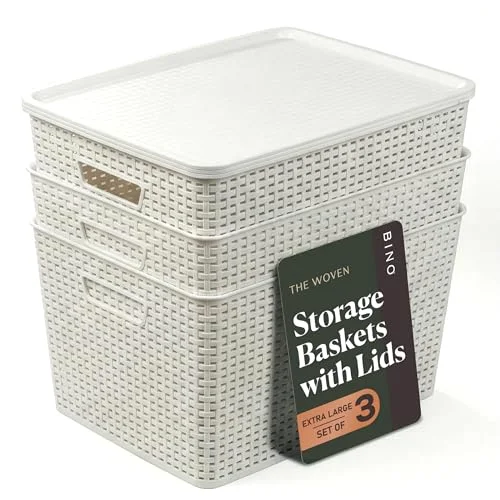 Plastic Storage Baskets with Lids, 33 Liter - 3 Pack, White