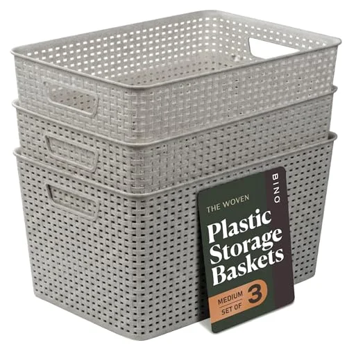 Plastic Storage Baskets, 22 Liter - 3 Pack, Natural Grey