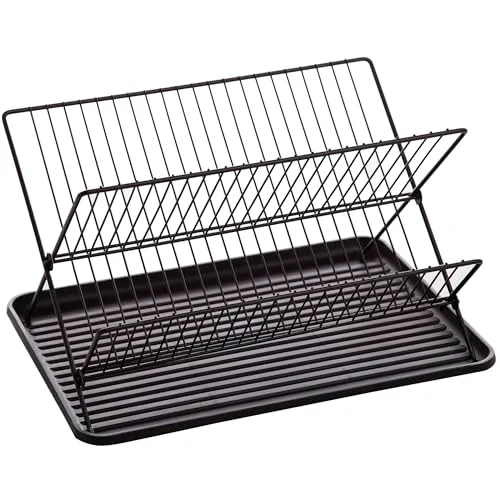 2-Tier Collapsible Dish Rack with Tray - Matte Black