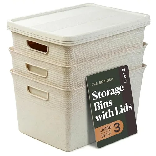 Plastic Storage Bins with Lids, 22 Liter - 3 Pack, Natural