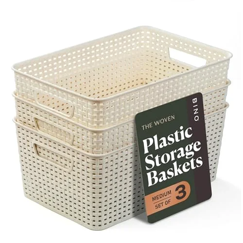 Plastic Storage Baskets, 13.5 Liter - 3 Pack, Natural